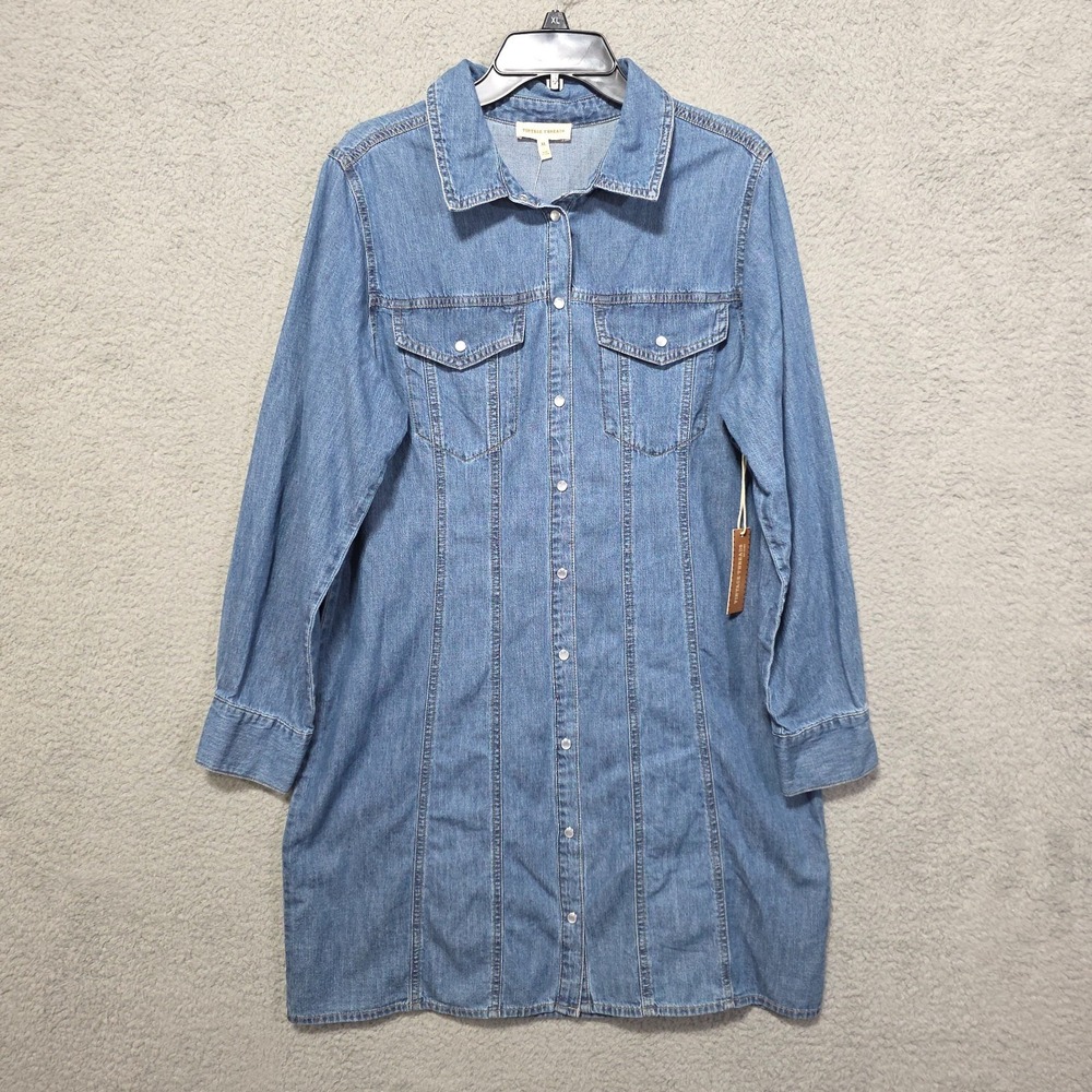 Womens Denim Pearl Snap Long Sleeve XL Knee Length Dress Vintage Threads NWT